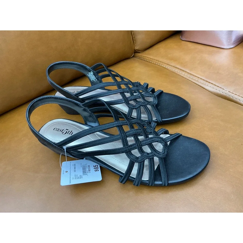 East 5th Reno Wedge Sandals Womens 7 Black Strappy Slingback Knotted EF RENO